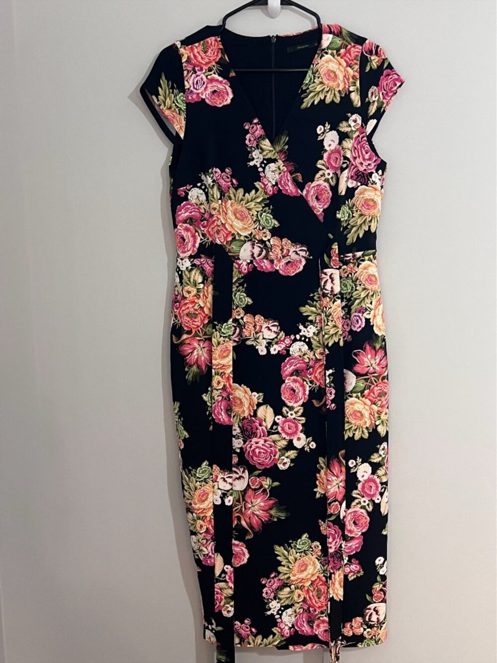 GOLBARY Floral Wrap Dress Navy Pink Rose Print Midi Dress Size 40/6-8